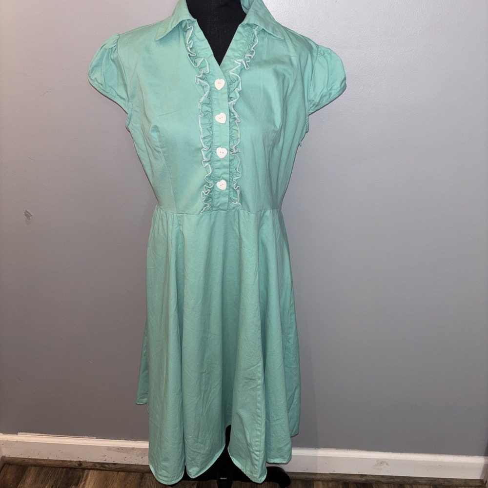 Vienna Summer Teal Women's Retro Modest Swing Vintage Party Dress Size L